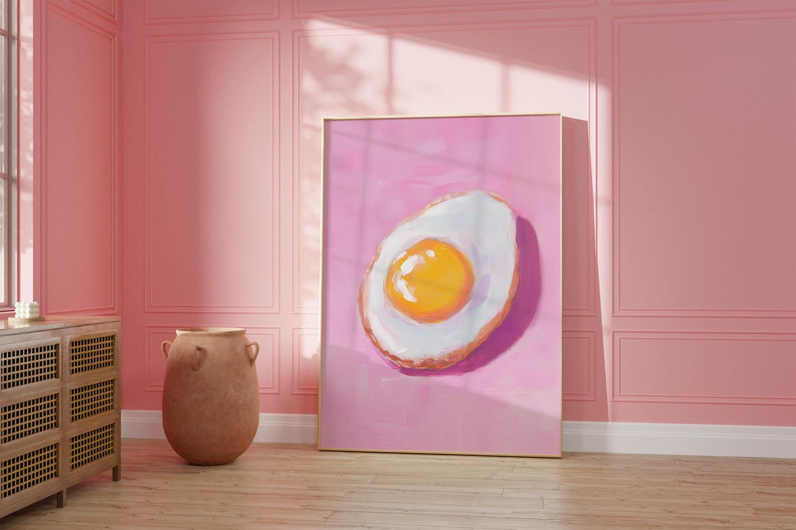 Fried Egg Pink Background Impasto Oil Painting Fun Kitchen Wall Poster - Image 4