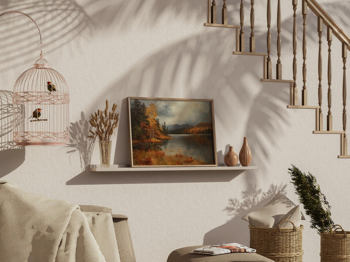 Moody Vintage Fall Lake Landscape with Golden Birch Trees Poster - Image 2
