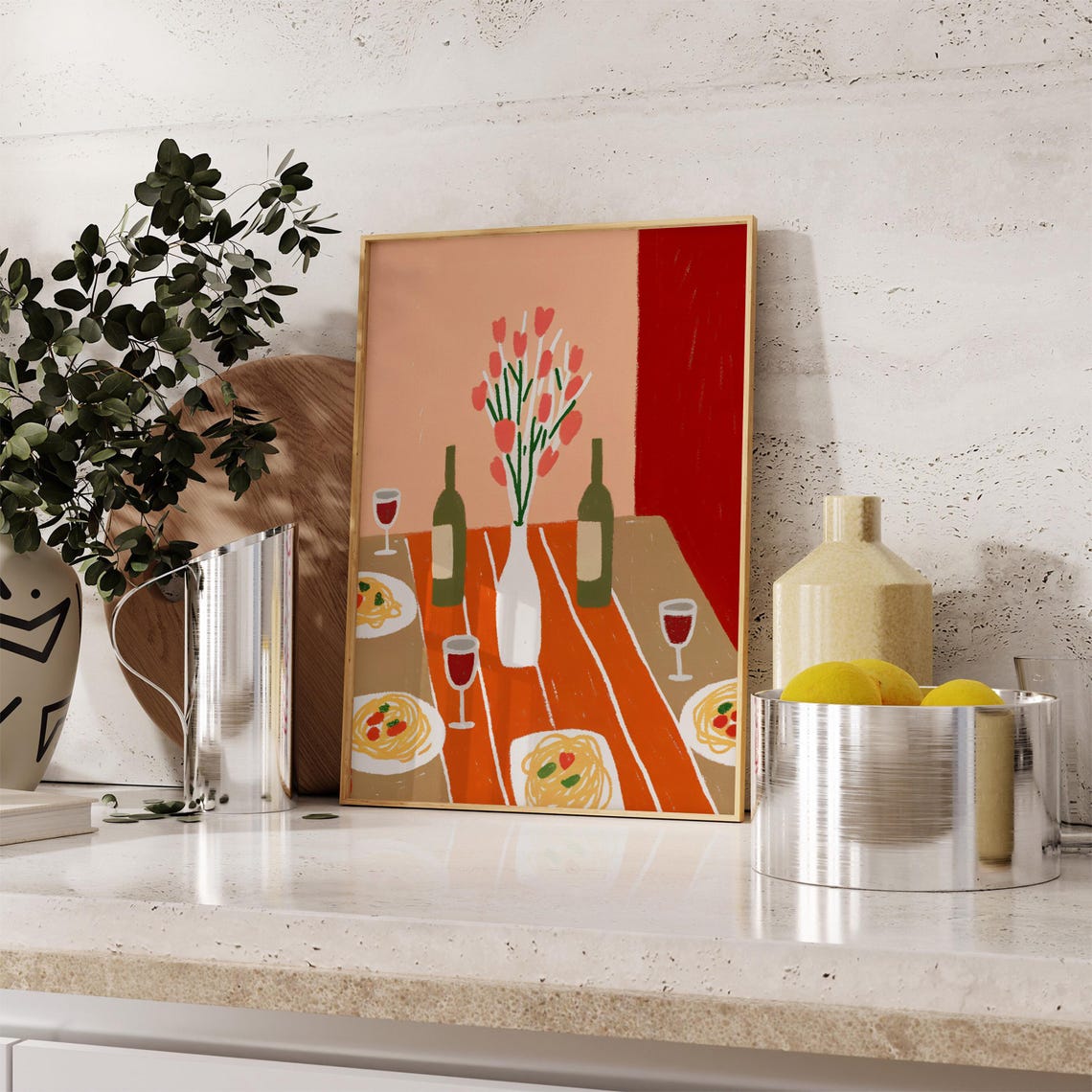 Hand Drawn Dinner Table Pasta Wine Bottles Italian Kitchen Wall Art - Image 4