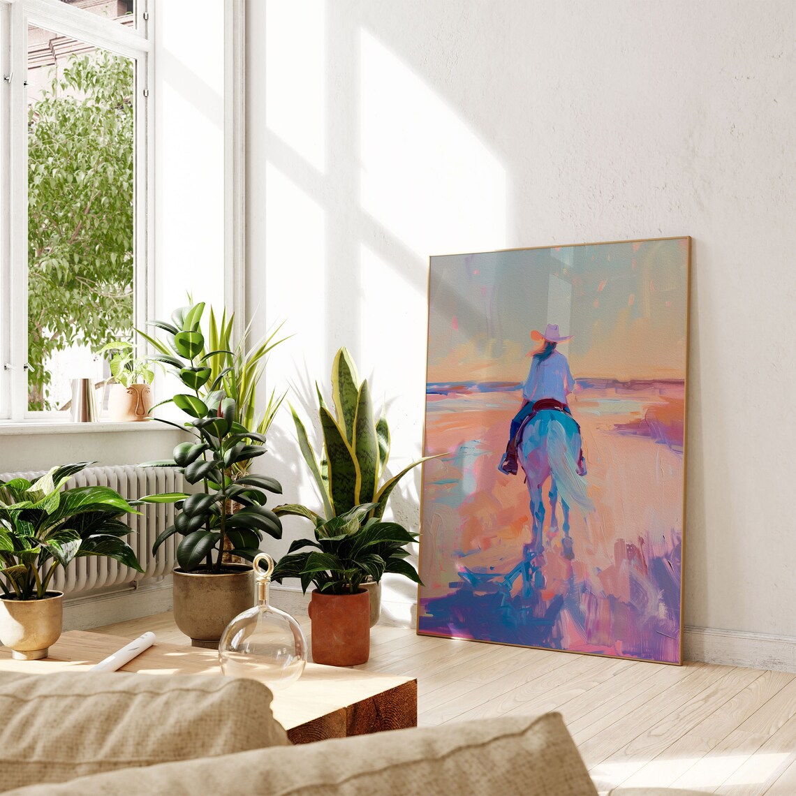 Cowgirl on Horseback Riding into a Pastel Beach Sunset Painting Poster - Image 2