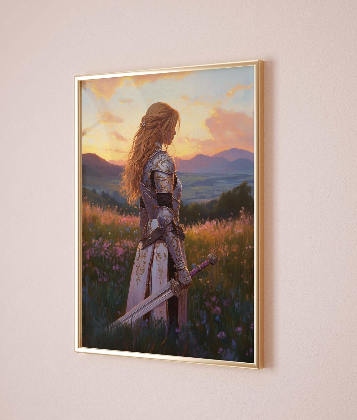 Female Knight Sunset Meadow Sword Fantasy Painting Pink Room Wall Poster - Image 4