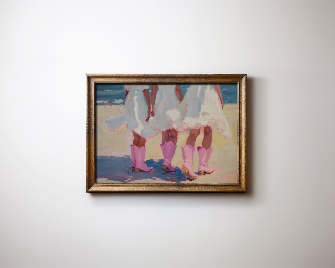 Pink Cowboy Boots Beach Girls Coastal Cowgirl Oil Painting Poster - Image 2