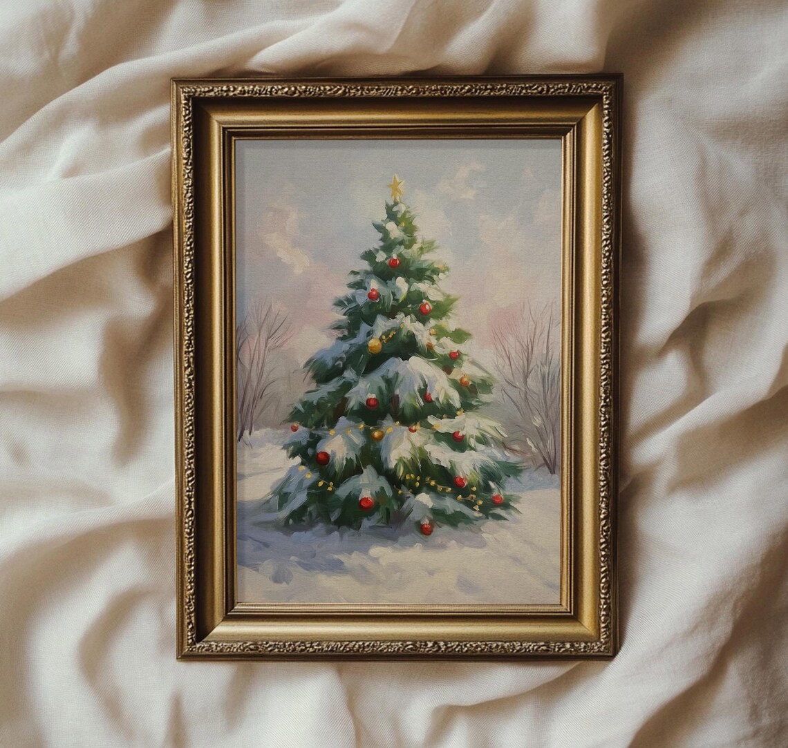 Vintage Snowy Christmas Tree in a Winter Landscape Painting Poster - Image 4