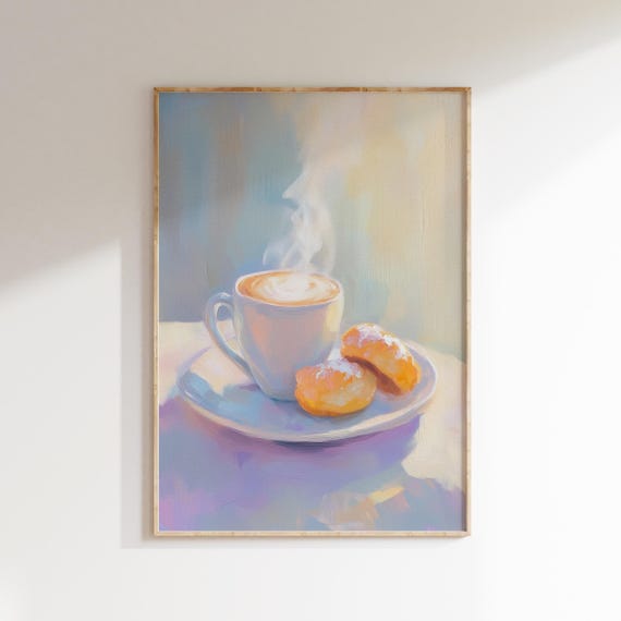 Coffee And Pastries Pastel Painting Print Vintage Kitchen Decor Bar Cart Wall Art Farmhouse Decor Coffe Home Decor