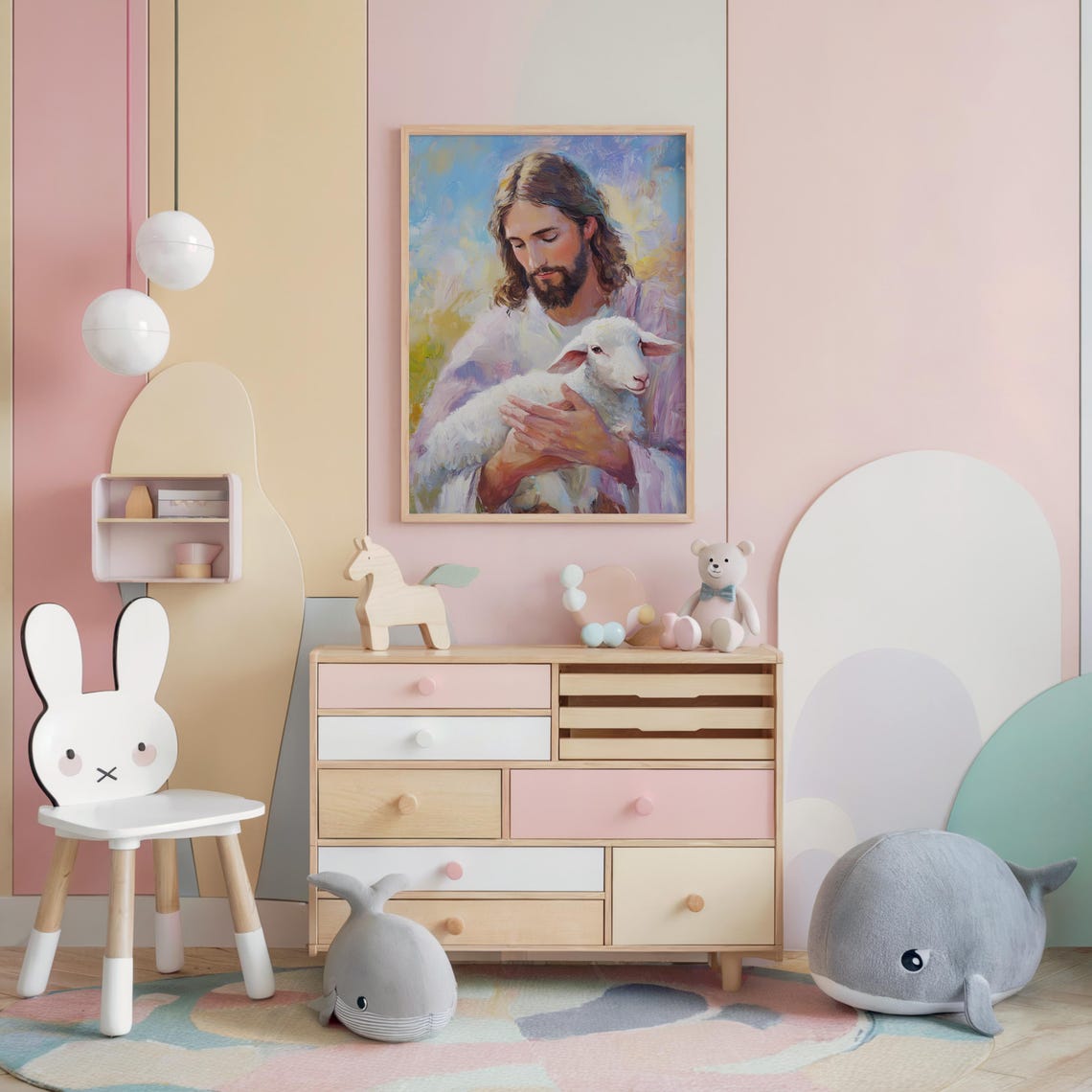 Colorful Jesus Holding Lamb Kids Nursery Christian Faith Art Poster - Image 3
