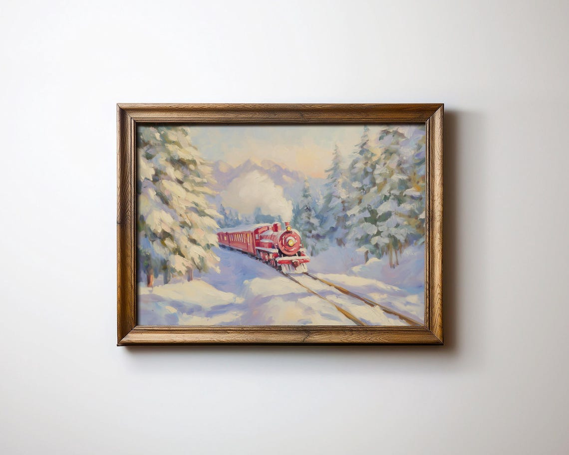 Christmas Train Red Steam Engine Snowy Pine Forest Holiday Art Poster - Image 3