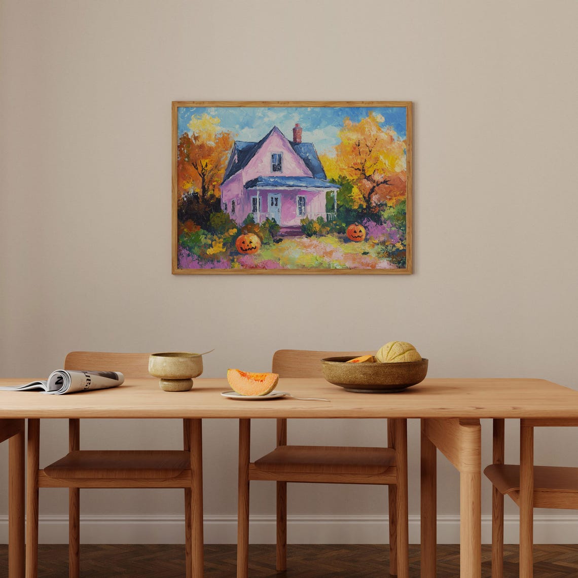 Pink Haunted Cottage with Jack O Lanterns in Fall Painting Poster - Image 2
