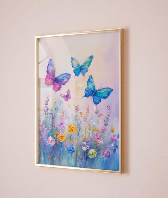 Pastel Butterflies Flying Over Wildflowers Painting Summer Floral Poster Print Cute Animals Wall Decor Wall Art