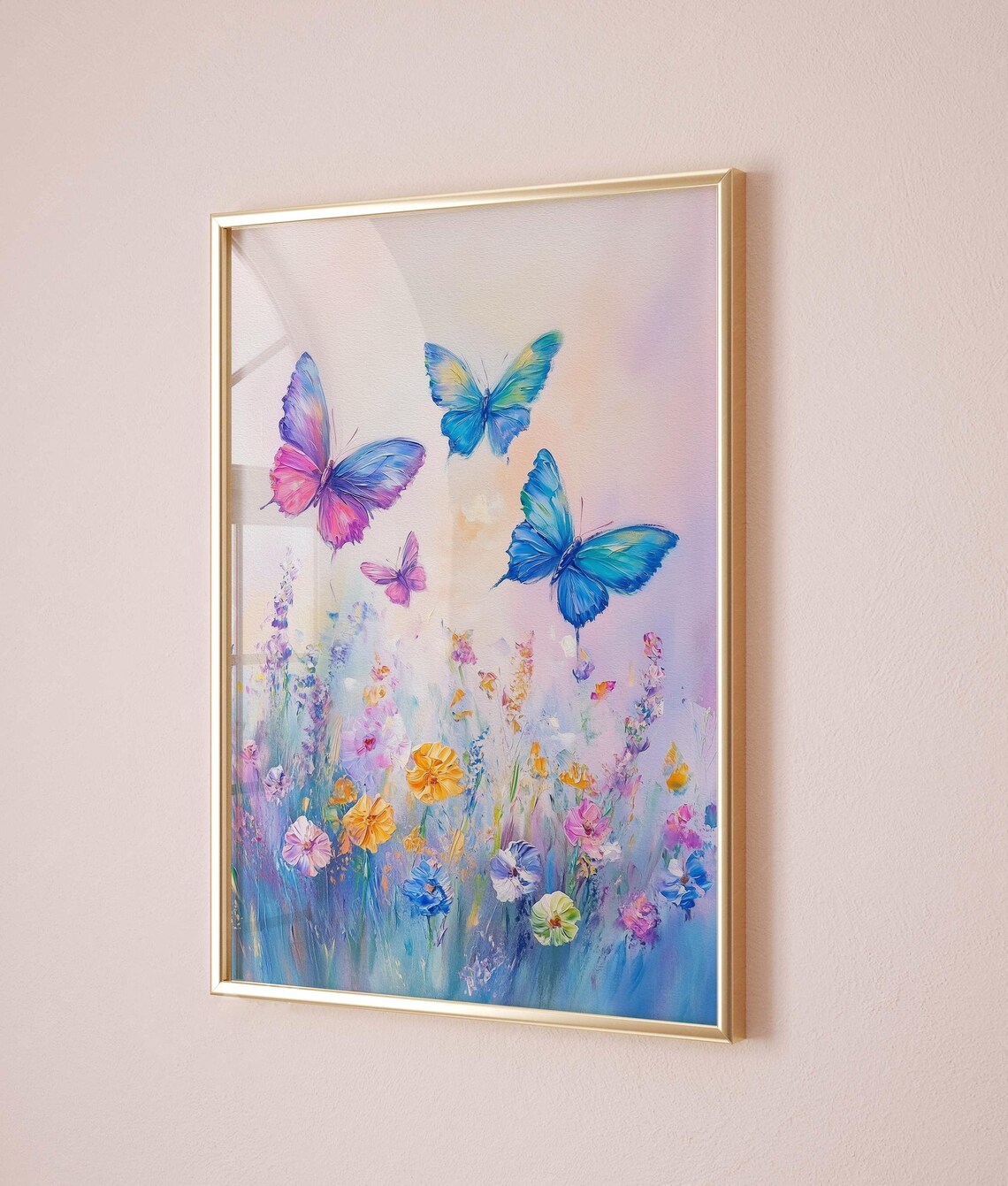 Colorful Butterflies Flying Over a Wildflower Meadow Painting Poster