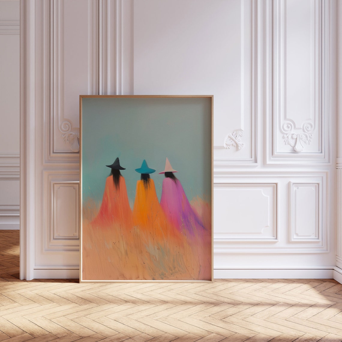 Three Witches in Colorful Capes Walking Through a Field Poster - Image 2