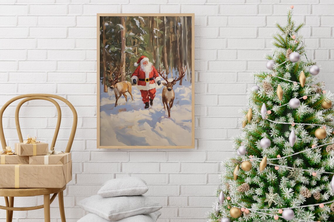 Santa Claus Walking With Reindeer Snowy Forest Vintage Oil Painting Poster - Image 2
