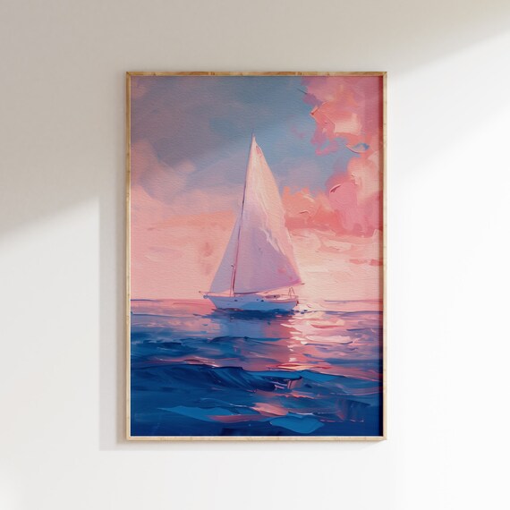Pink Sunset Sailboat Oil Painting Coastal Beach House Decor Poster