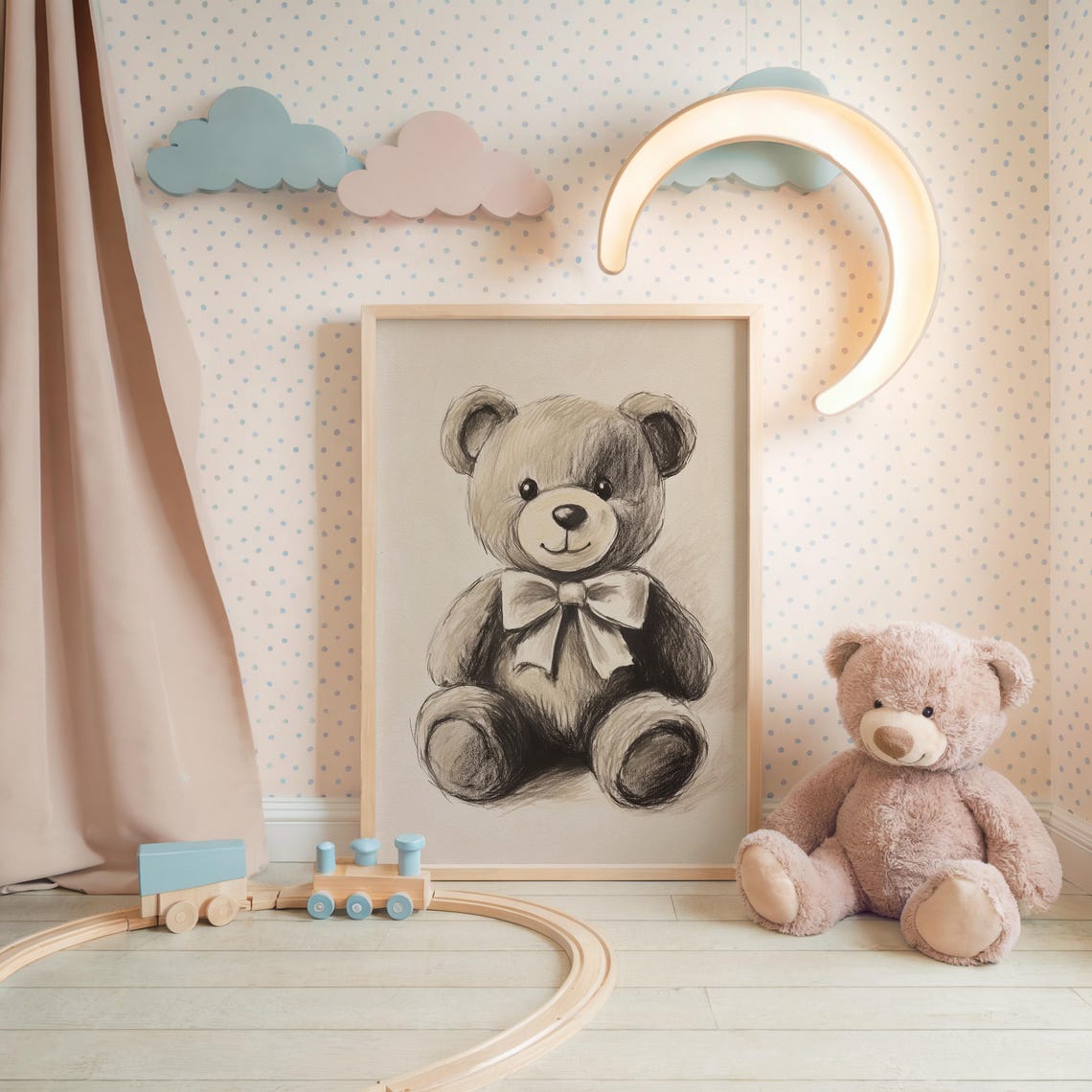 Nursery Teddy Bear With Bow Beige Sketch Kids Room Cuddly Toy Poster - Image 3