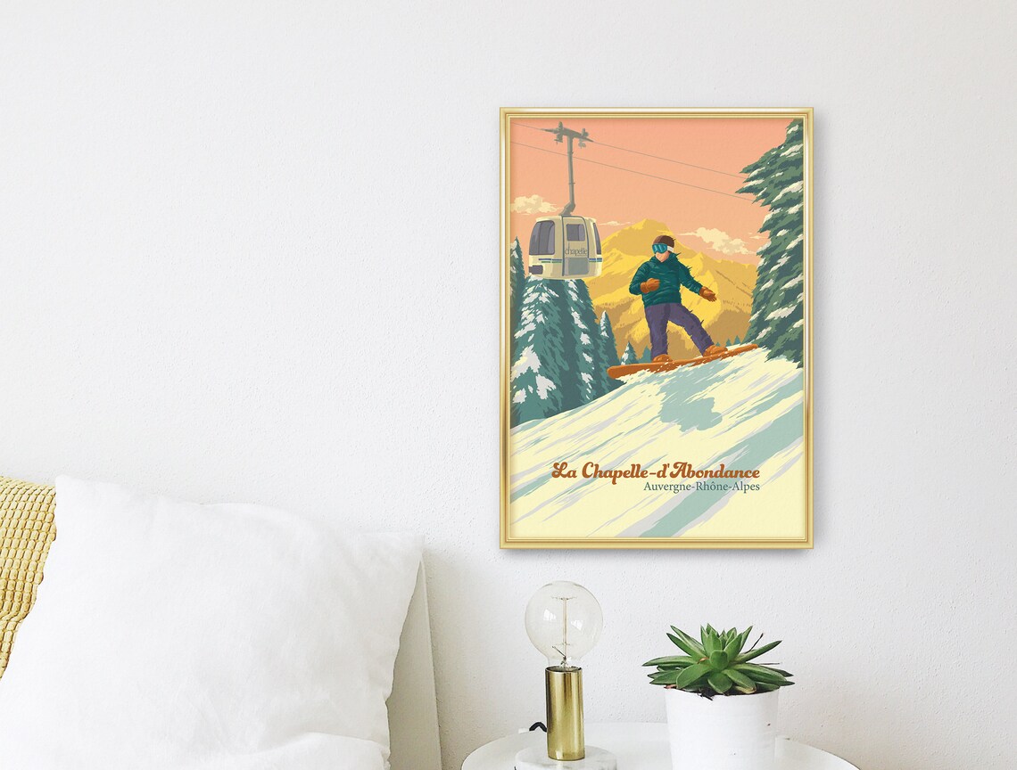 La Chapelle d'Abondance France Snowboarding Poster with Gondola Cabin - Image 3