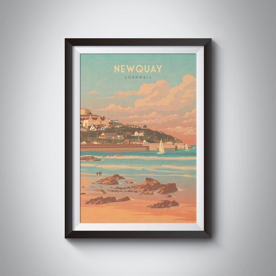 Newquay Cornwall Golden Beach Sunset Sailboats Rocky Shore Poster