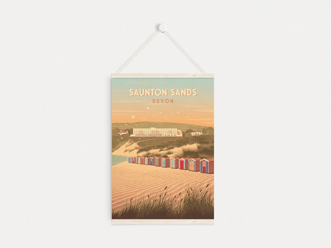 Saunton Sands Devon Beach Huts Sunset Vintage Seaside Poster - Image 4