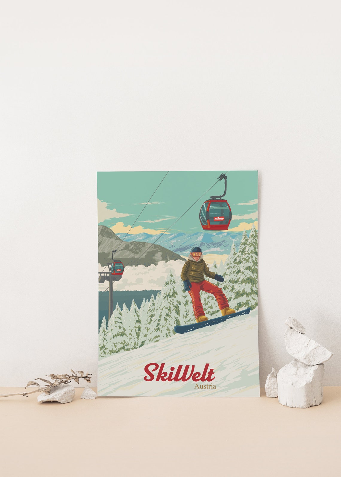 SkiWelt Austria Snowboarding Poster with Red Gondolas and Snowy Pines - Image 4