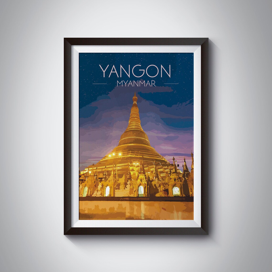 Yangon Myanmar Shwedagon Pagoda Night Golden Temple Starry Travel Poster
