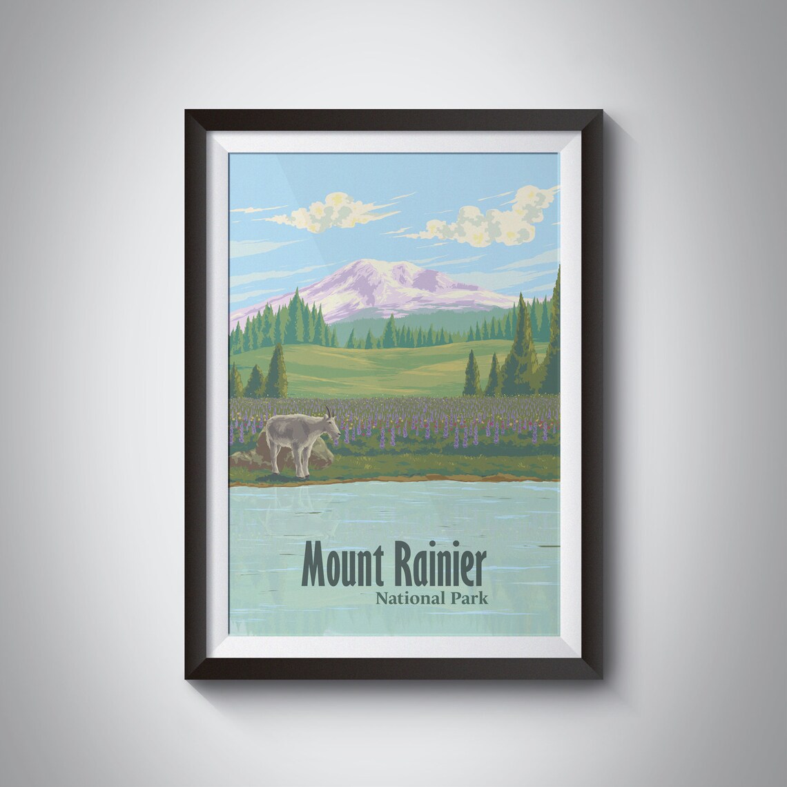 Mount Rainier National Park Mountain Goat Lake Vintage Poster