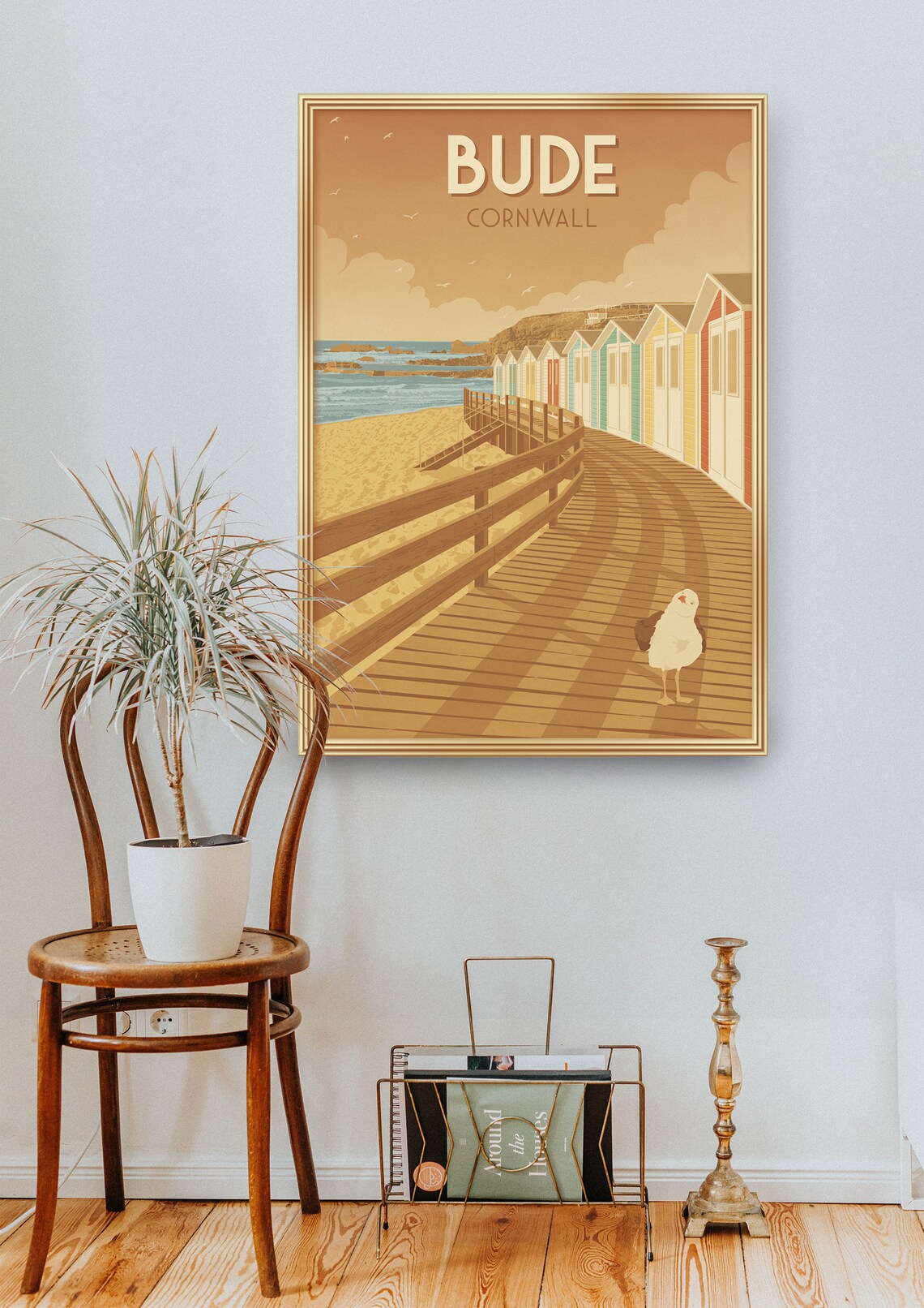 Bude Cornwall Beach Huts Boardwalk Seagull Vintage Retro Travel Poster - Image 2