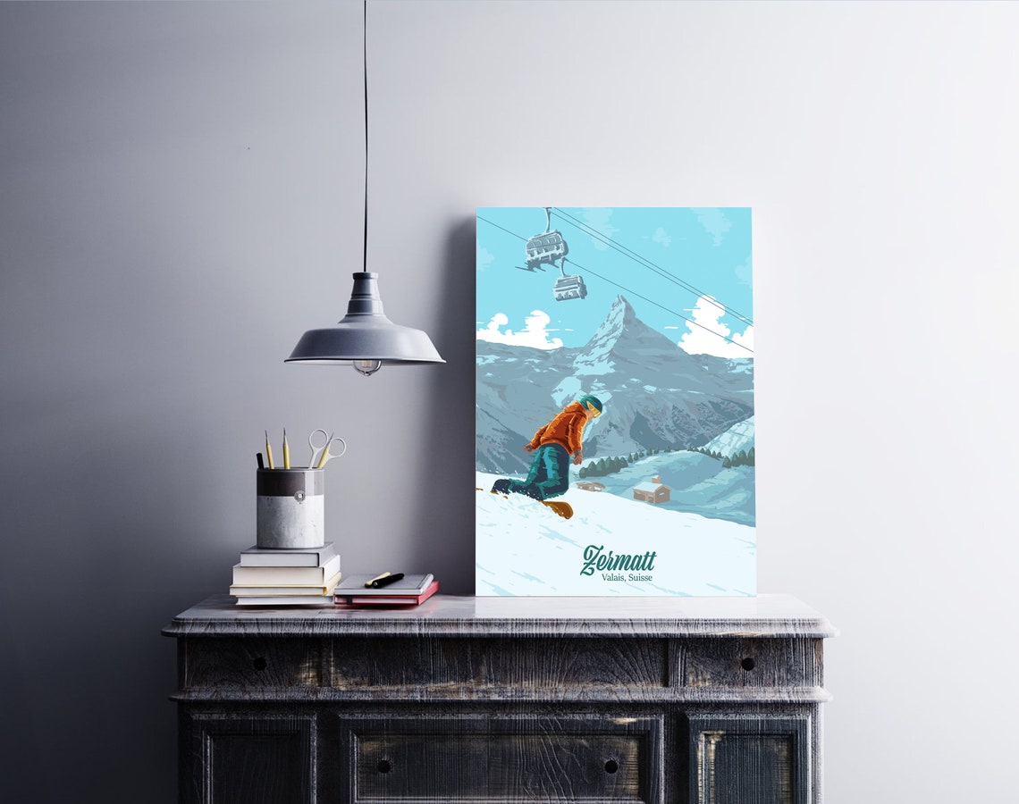 Zermatt Switzerland Snowboarder Carving Matterhorn Gondolas Ski Poster - Image 4