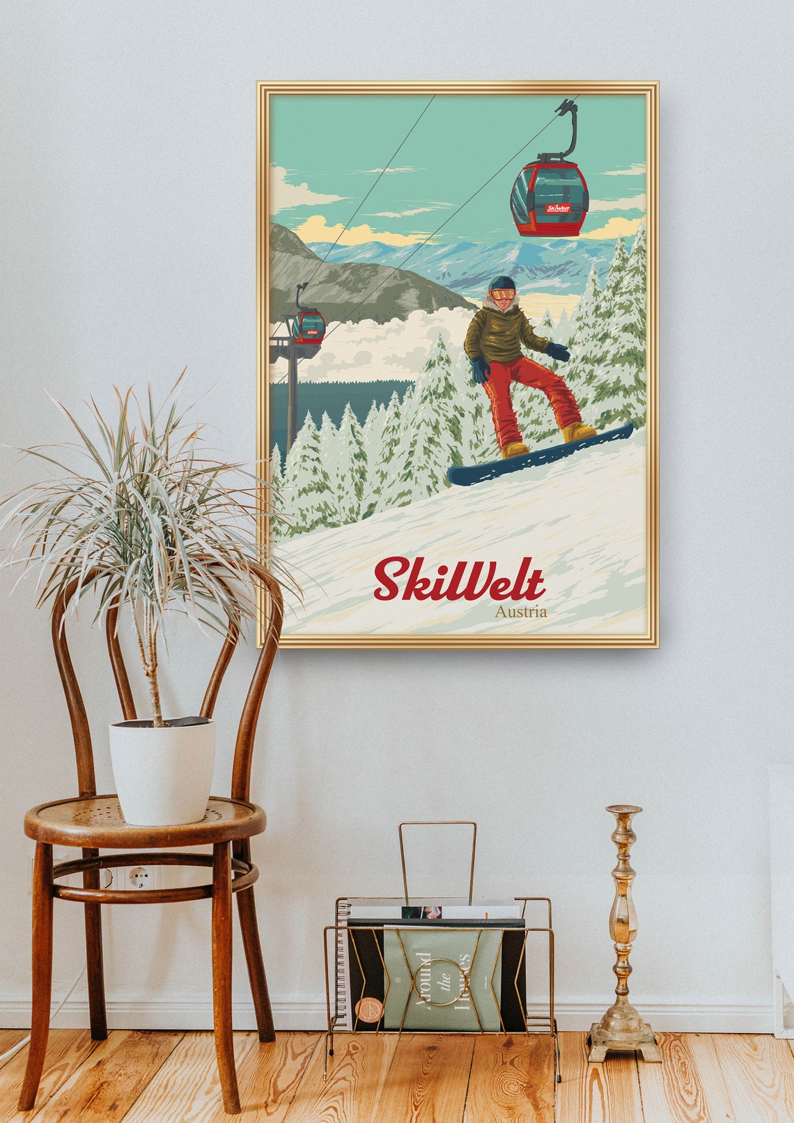 SkiWelt Austria Snowboarding Poster with Red Gondolas and Snowy Pines - Image 2