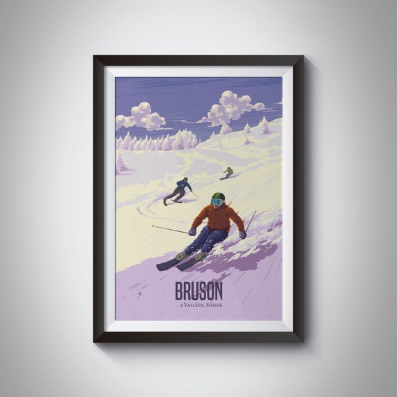 Bruson Switzerland Ski Resort Travel Poster Swiss Alps Print Skiing Snowboard Verbier 4 Vallees Thyon Tzoumaz Veysonnaz Framed Art