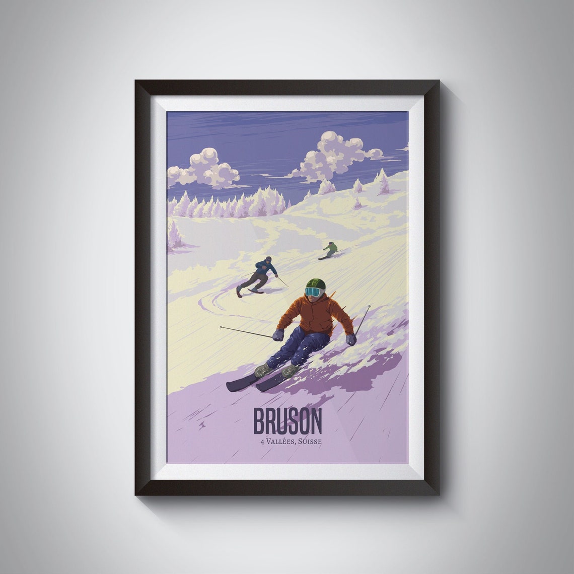 Bruson Swiss Alps Three Skiers Racing Down Powder Slope Poster
