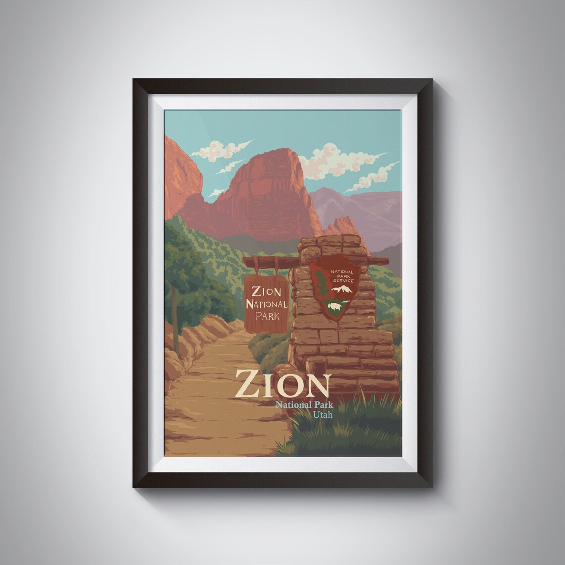 Zion National Park Utah Stone Entrance Sign Canyon Trail Poster