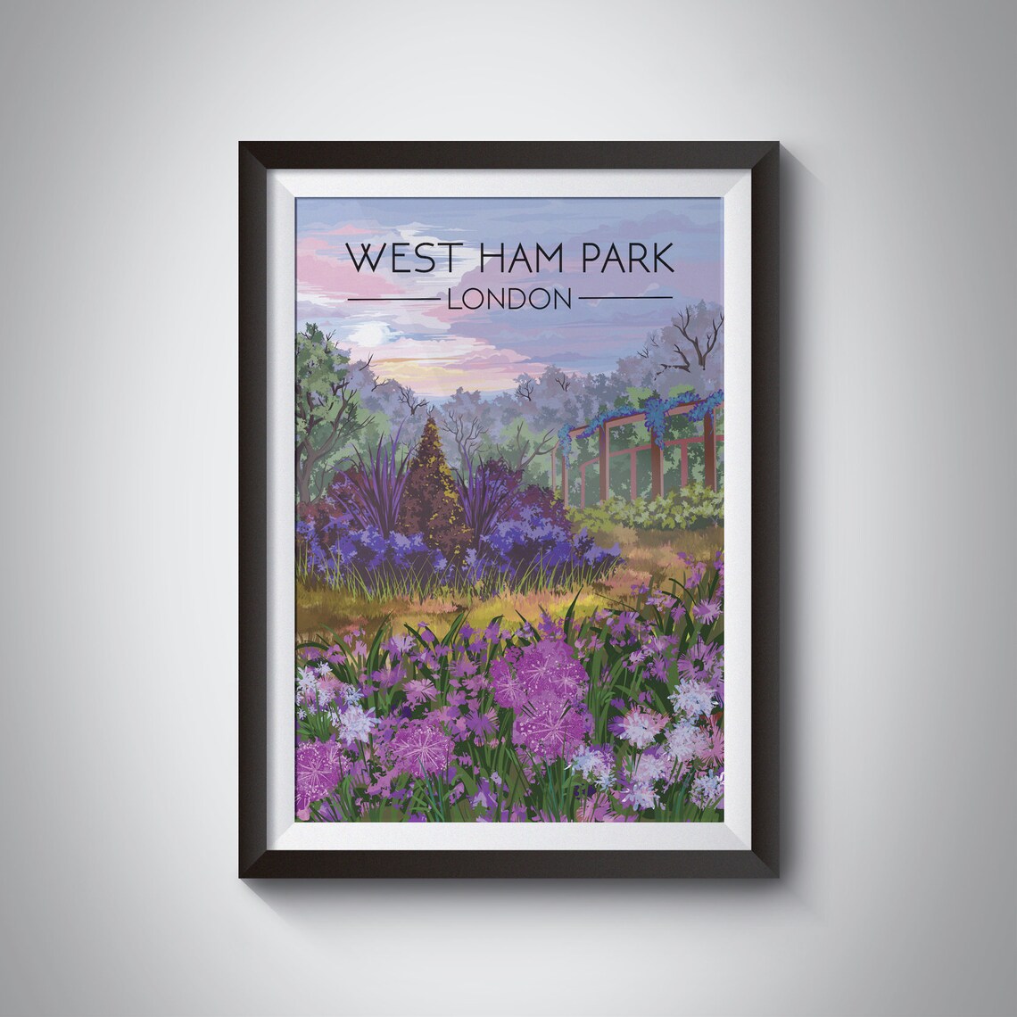 West Ham Park London Purple Flower Garden Sunset Vintage Travel Poster