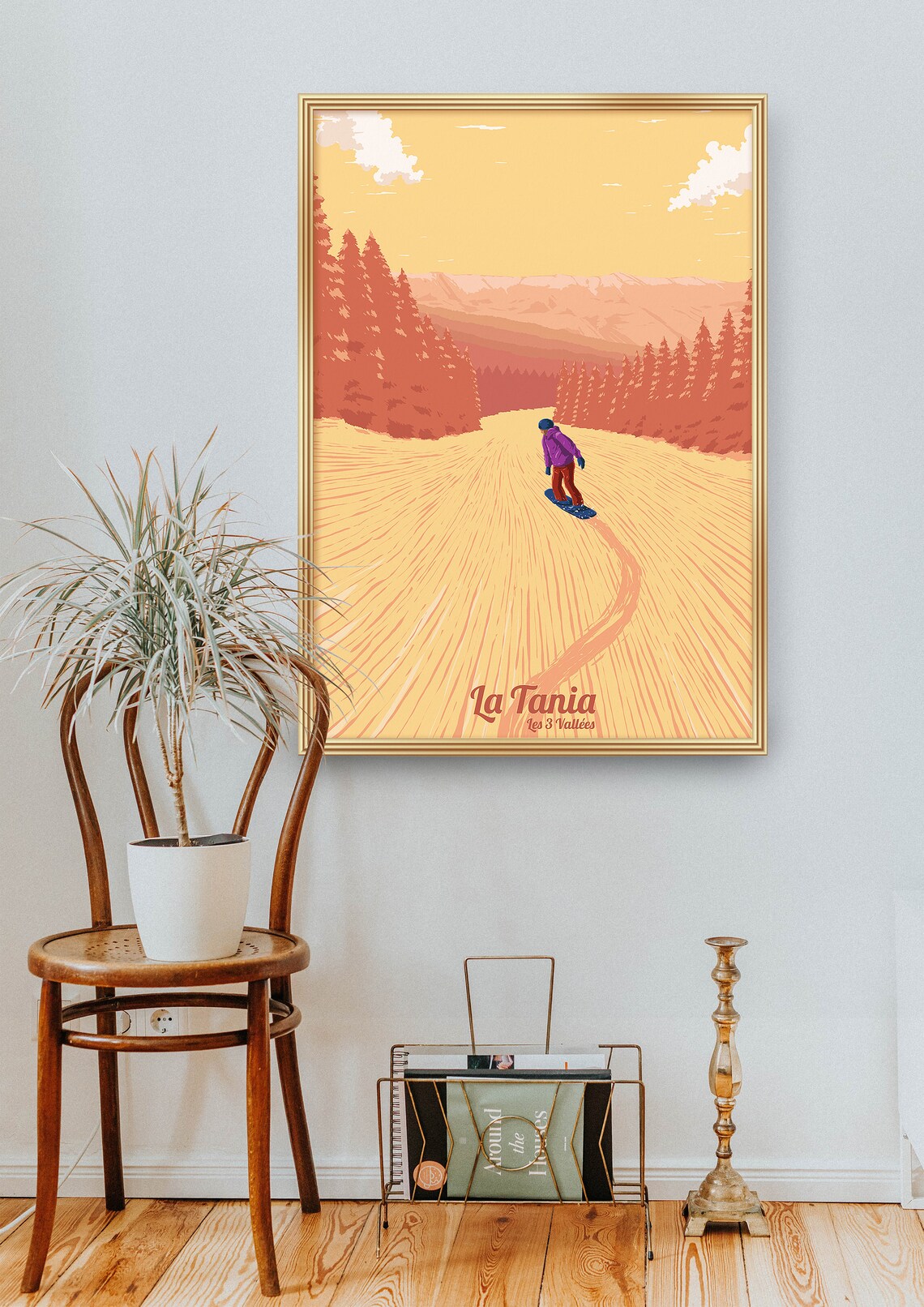 La Tania Les 3 Vallees Snowboarder on a Golden Sunset Slope Poster - Image 2