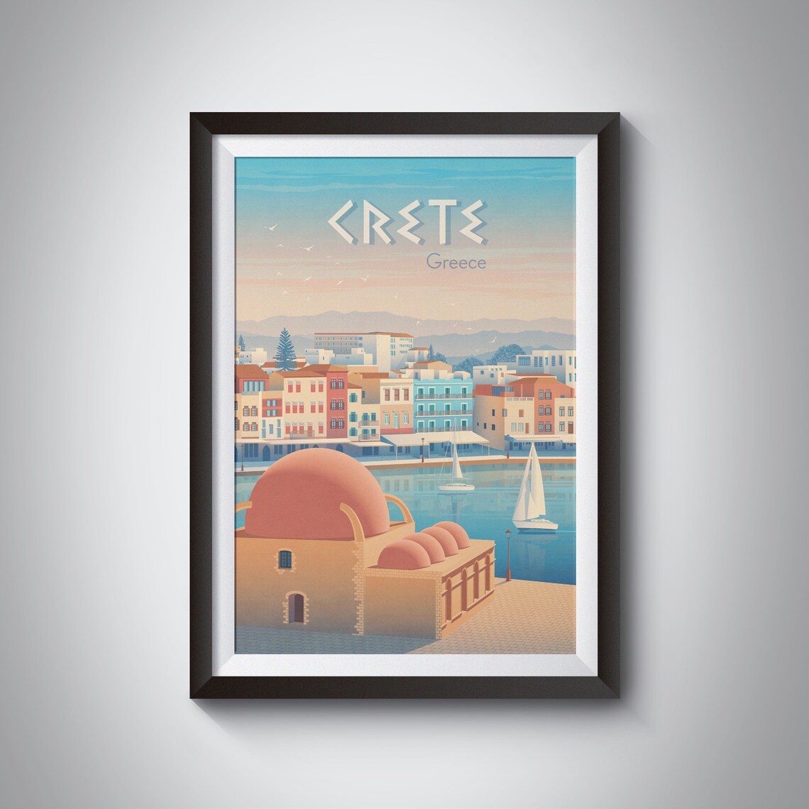Crete Greece Old Venetian Harbor Sunset Sailboats Travel Poster