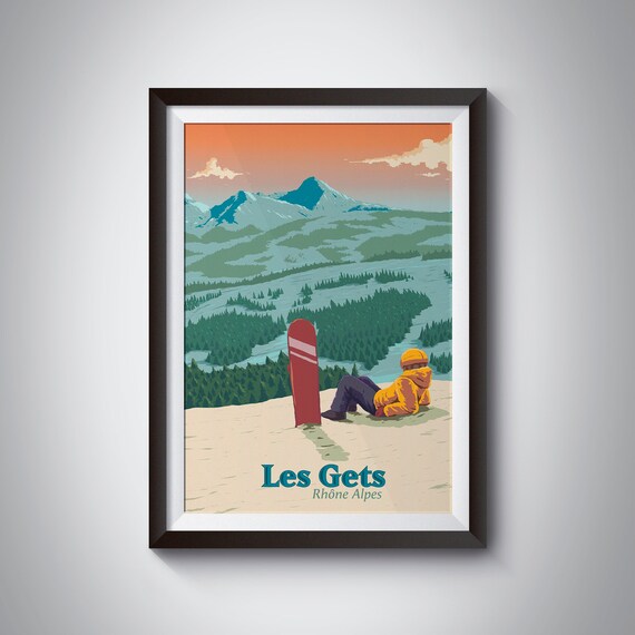 Les Gets Snowboarding Poster, Vintage Travel Print