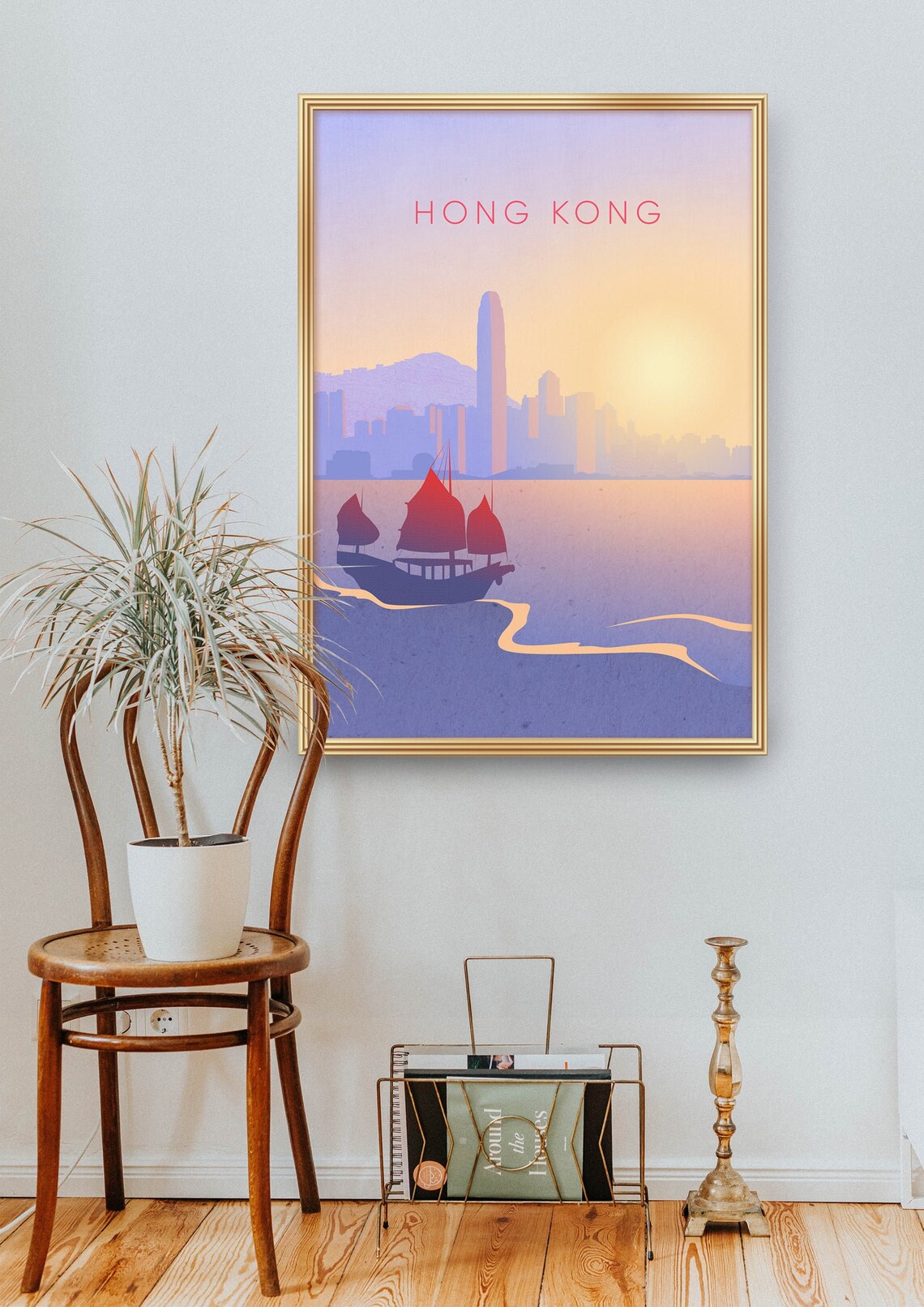 Hong Kong Victoria Harbour Junk Boat Golden Sunset Skyline Poster - Image 2