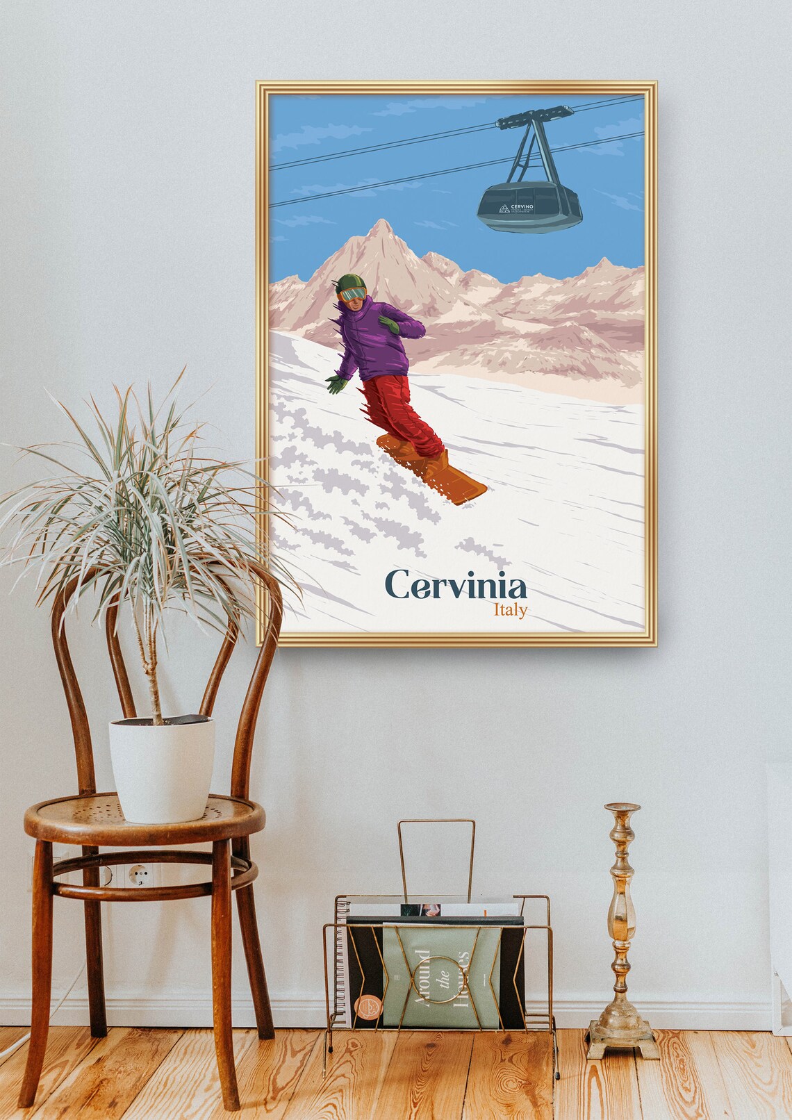 Cervinia Italy Matterhorn Snowboarder Cable Car Travel Poster - Image 2