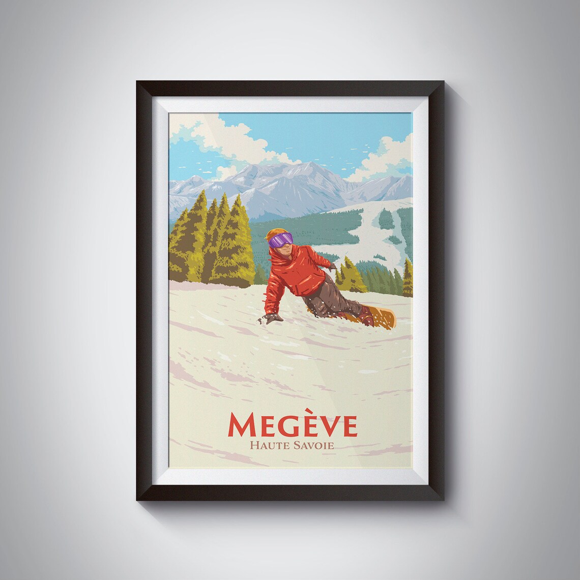 Megve Snowboarding Poster French Alps Haute Savoie Skiing Print Vintage Retro Art Mountain Ski Resort Ski Season Mont Blanc Massif