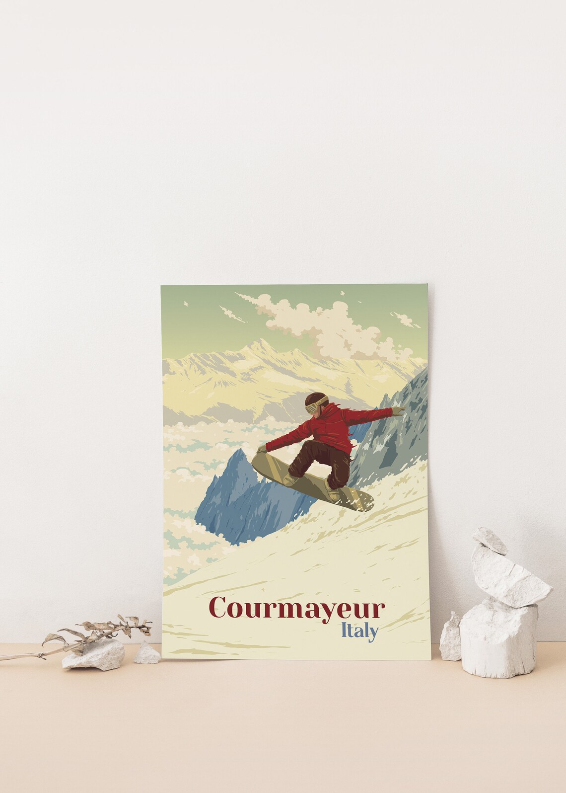 Courmayeur Italy Mont Blanc Vintage Snowboard Jump Travel Poster - Image 4