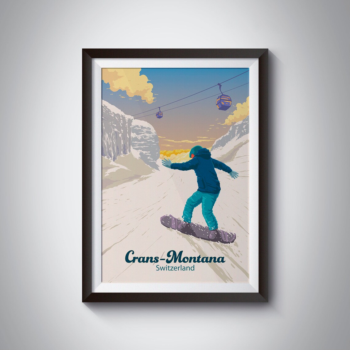 Crans-Montana Snowboarding Travel Poster, Retro Skiing