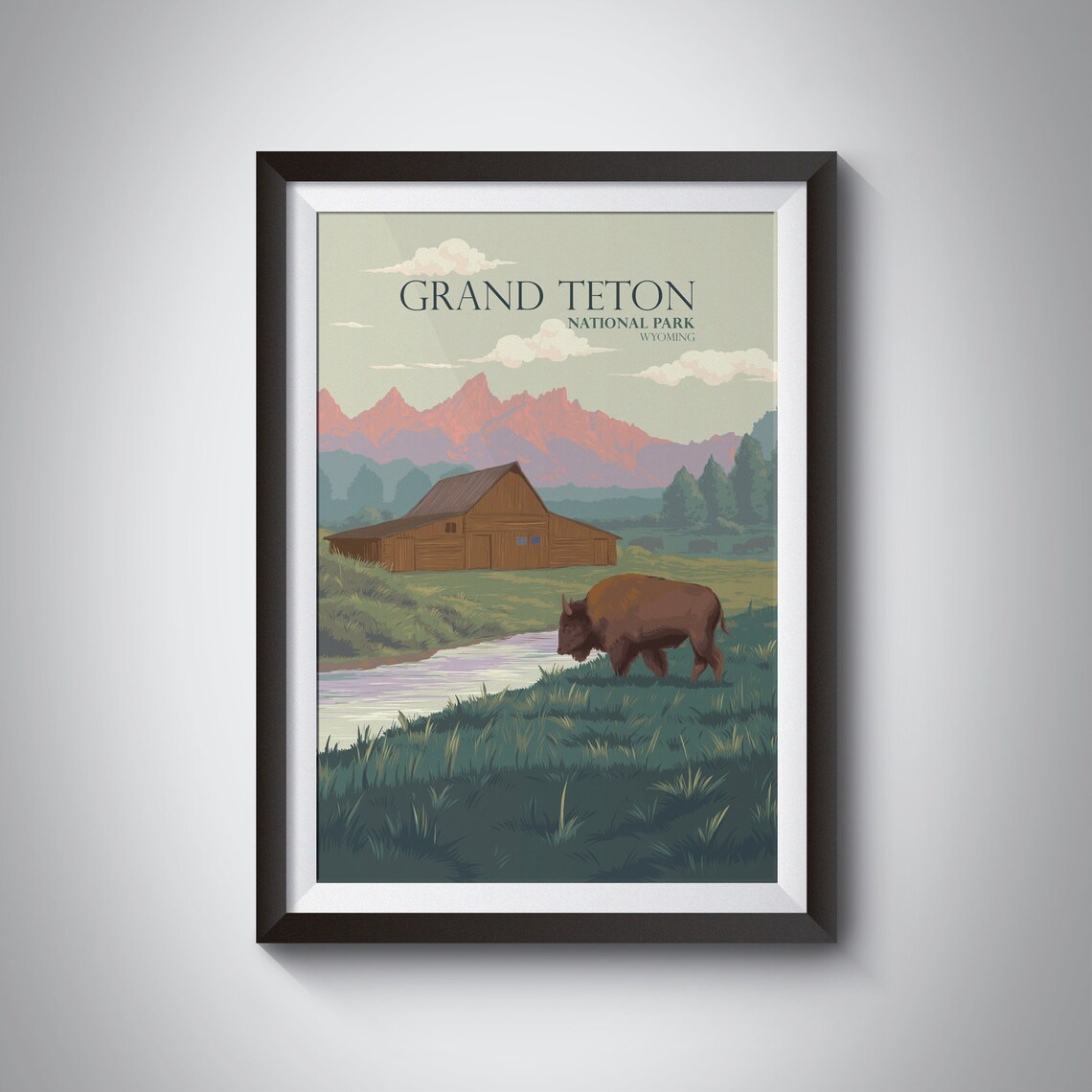 Grand Teton National Park Wyoming Bison Barn Meadow Sunset Poster