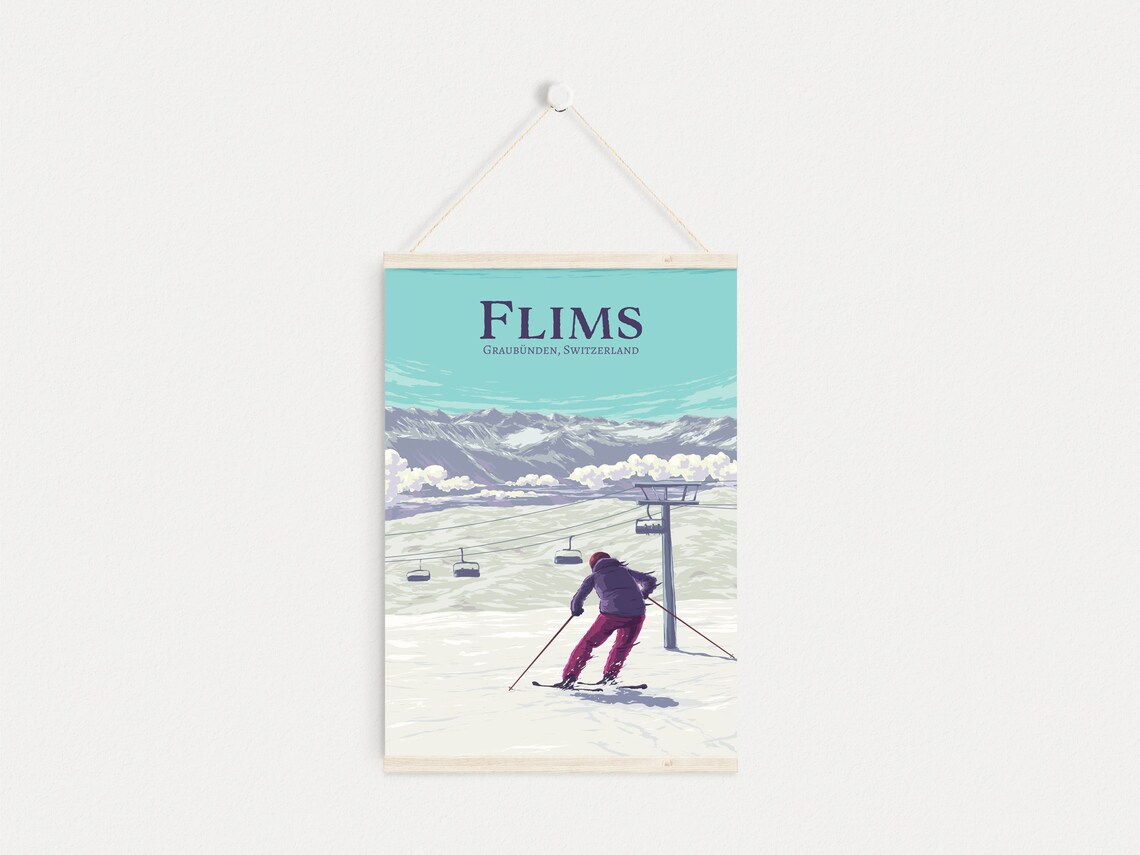 Flims Switzerland Skier Under Chairlift Winter Sports Poster - Image 4