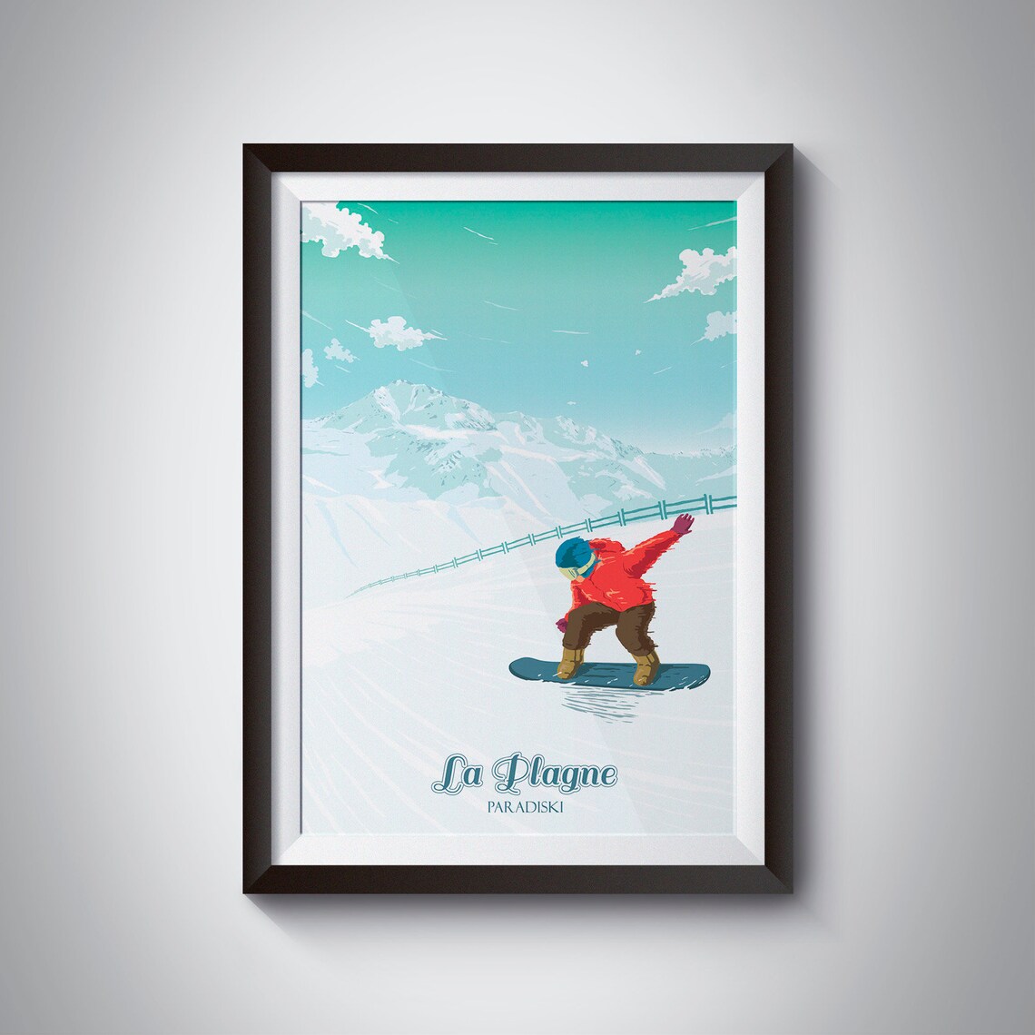 La Plagne Snowboarding Poster, Retro Vintage Alps