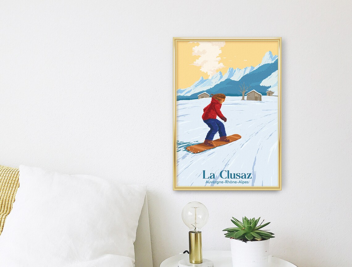 La Clusaz French Alps Vintage Snowboarder Mountain Travel Poster - Image 3