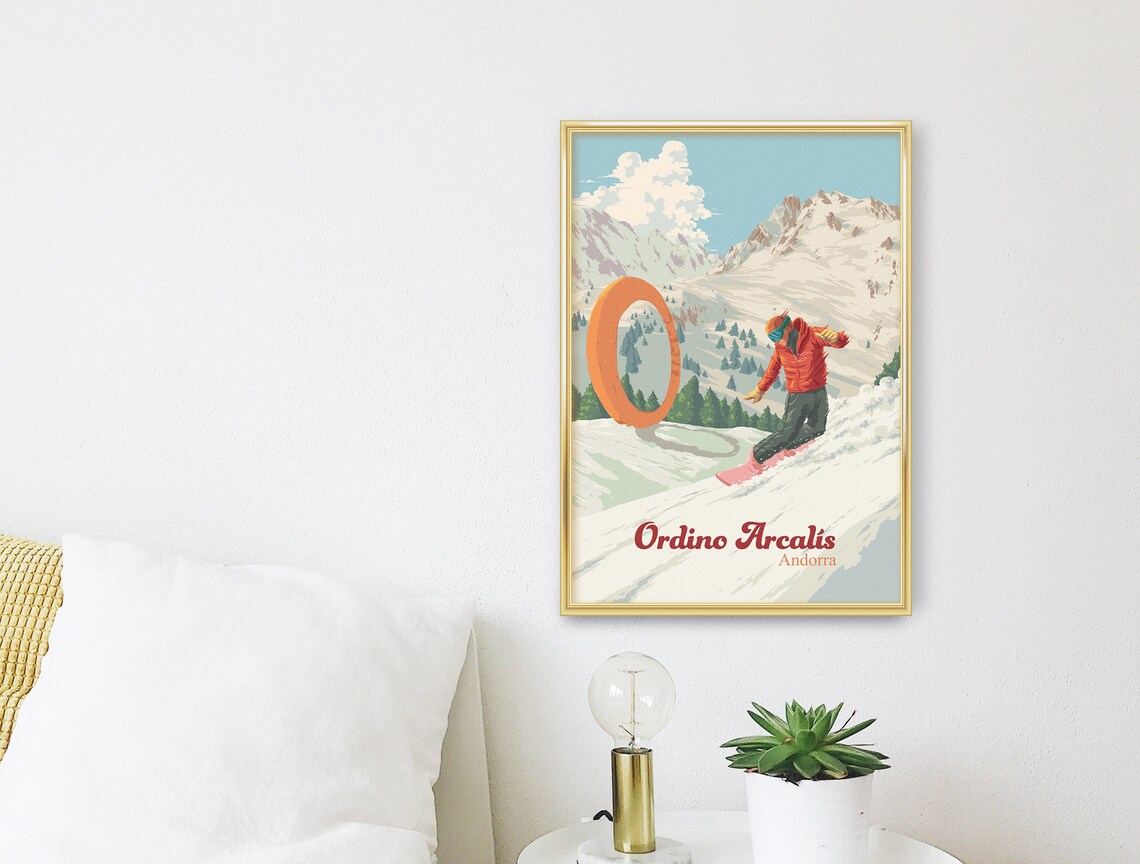 Ordino Arcalis Andorra Snowboarder Retro Ski Resort Travel Poster - Image 3