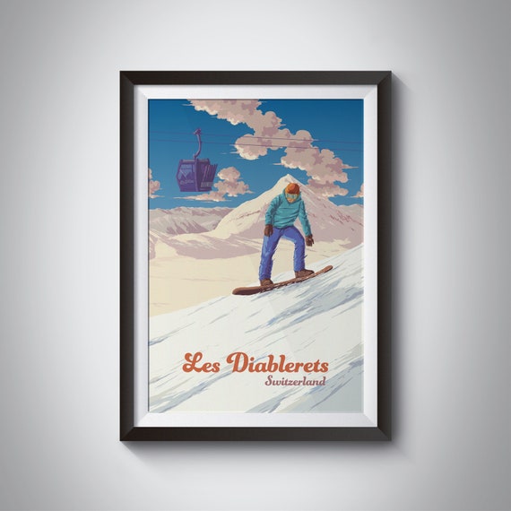 Les Diablerets Snowboarding Poster Swiss Alps Travel Poster Switzerland Wall Art Print Vintage Ski Resort Poster Framed Print Zermatt