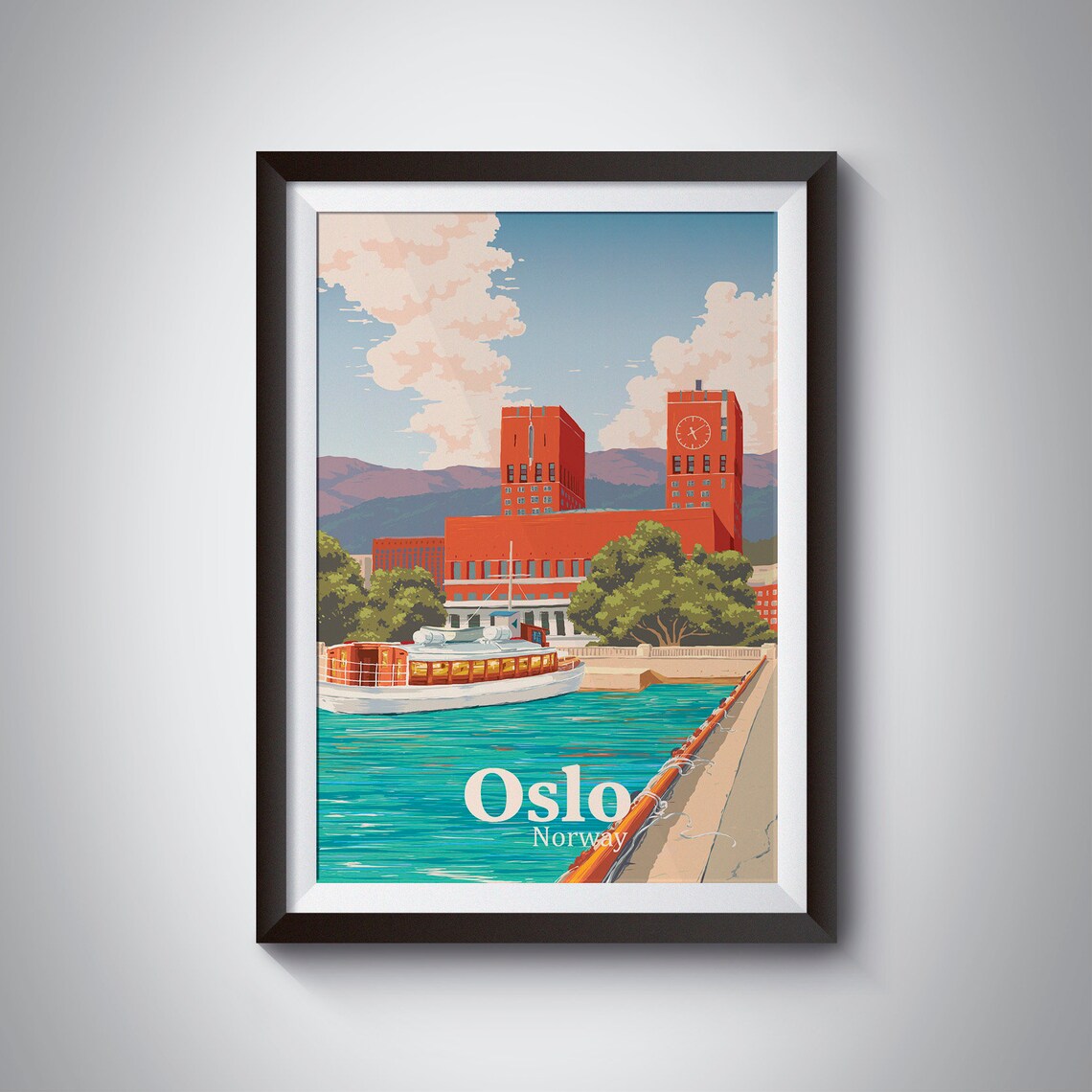 Oslo Norway Vintage Scenic Fjord Waterfront City Travel Poster