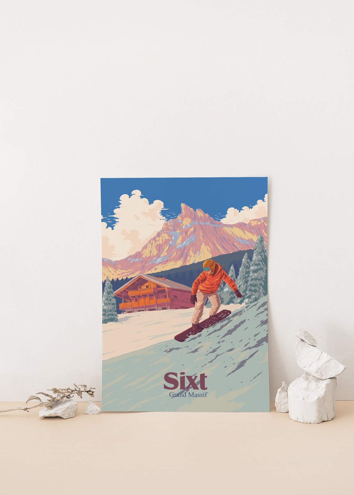 Sixt Grand Massif France Snowboarding Poster with Mountain Chalet View - Image 4