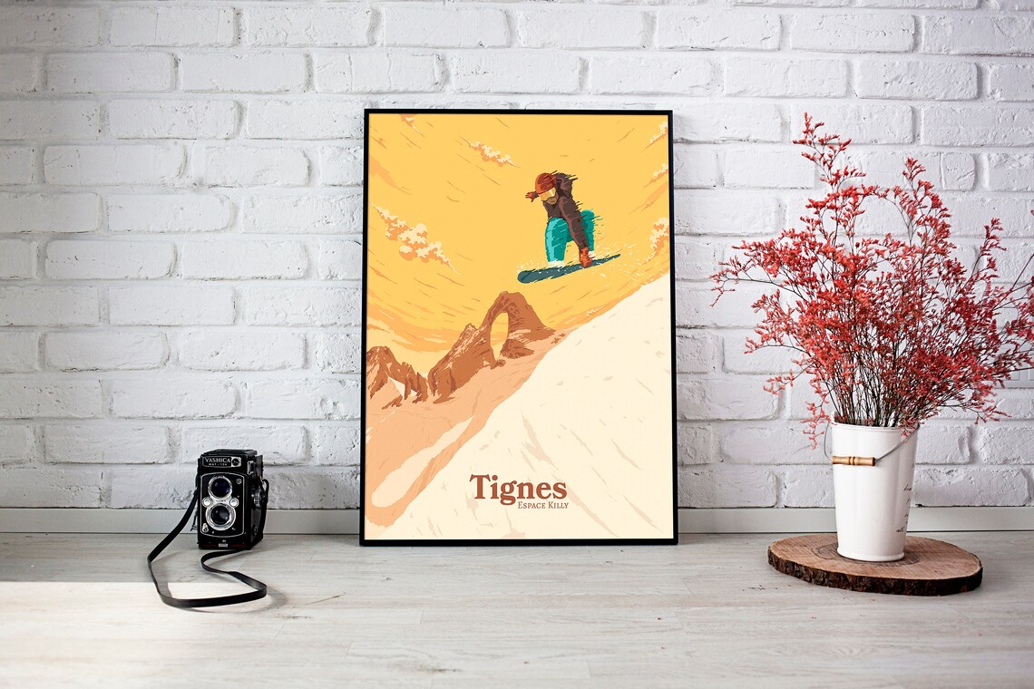 Tignes France Airborne Snowboarder Rock Arch Golden Sky Ski Poster - Image 3