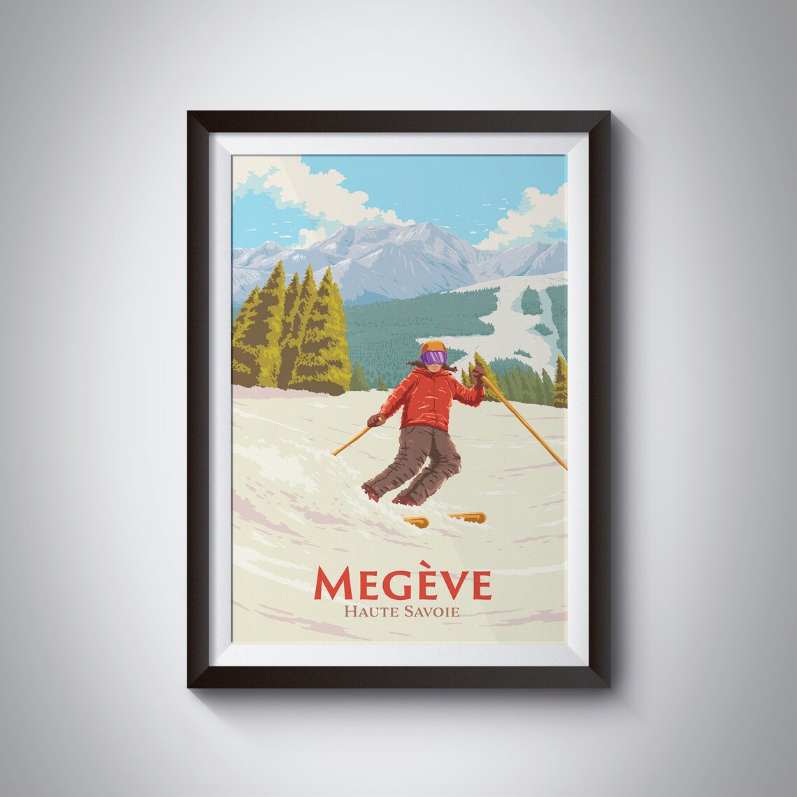 Megve Ski Resort Poster French Alps Haute Savoie Skiing Print Vintage Retro Art Mountain Snowboarding Ski Season Mont Blanc Massif