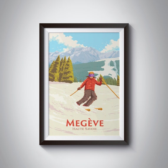 Megve Ski Resort Poster French Alps Haute Savoie Skiing Print Vintage Retro Art Mountain Snowboarding Ski Season Mont Blanc Massif
