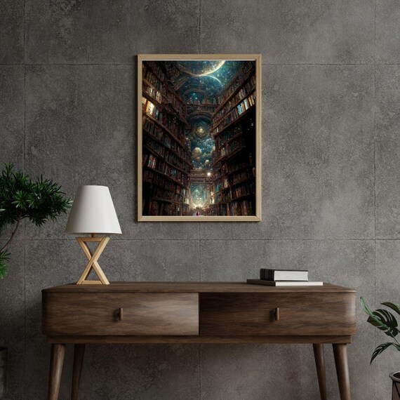 Cosmic Library Surreal Fantasy Bookshelves Under Starry Night Sky Art Print